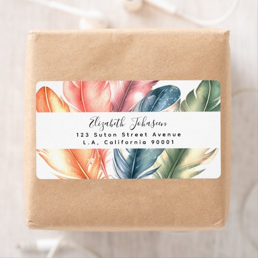 Kleurrijke Waterverf Feathers Black Script Naam Etiket (Insitu)