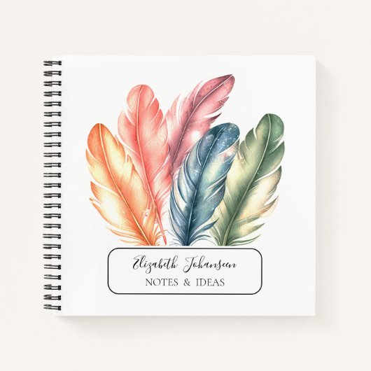 Kleurrijke Waterverf Feathers Black Script Naam Notitieboek (Voorkant)