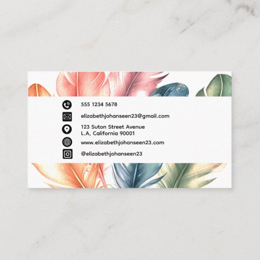 Kleurrijke Waterverf Feathers Black Script Naam Visitekaartje (Achterkant)