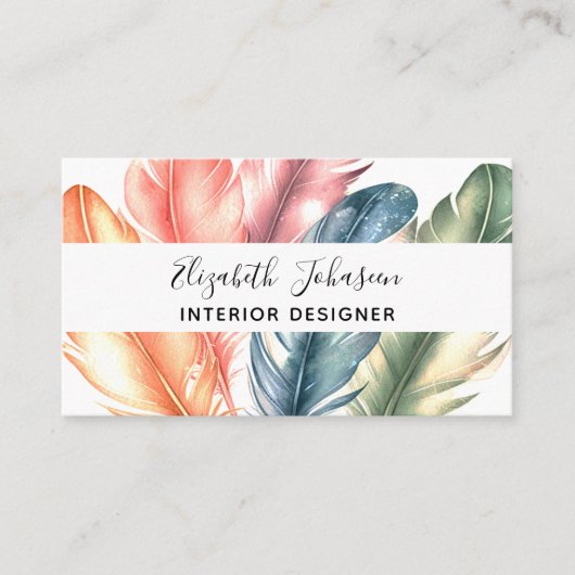 Kleurrijke Waterverf Feathers Black Script Naam Visitekaartje (Voorkant)