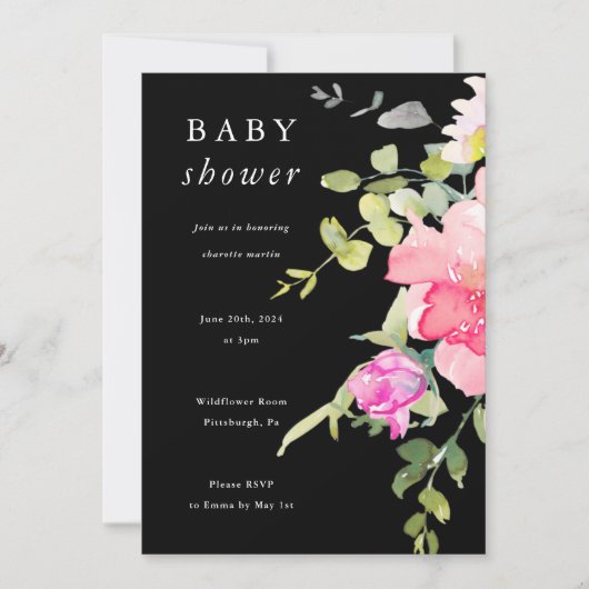 Kleurrijke Waterverf Floral Baby shower Black Kaart (Voorkant)