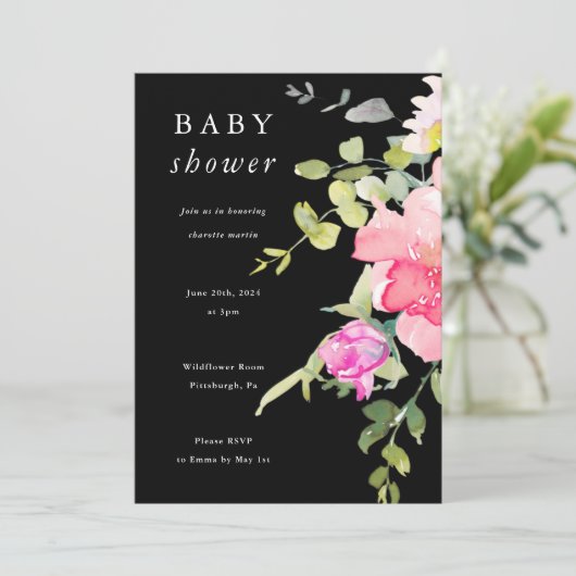Kleurrijke Waterverf Floral Baby shower Black Kaart (Staand voorkant)