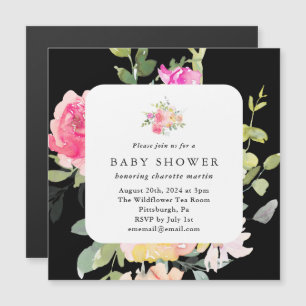 Kleurrijke Waterverf Floral Baby shower Black Magnetische Uitnodiging