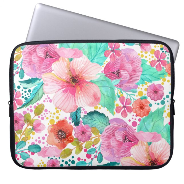 Kleurrijke Waterverf Floral Collage Laptop Sleeve (Voorkant)