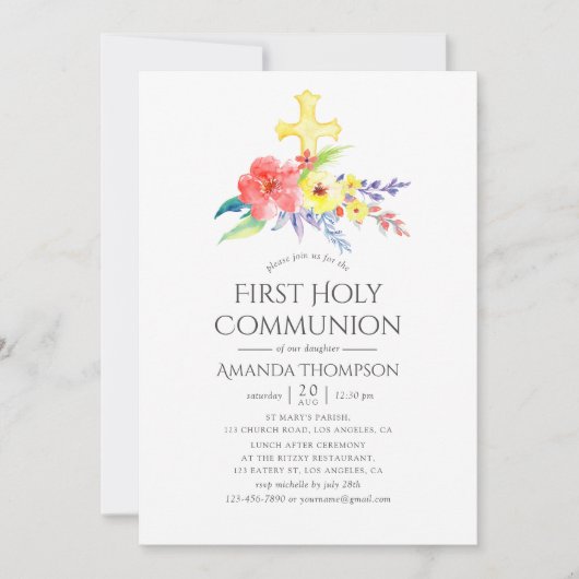 Kleurrijke Waterverf Floral First Holy Communion Kaart (Voorkant)