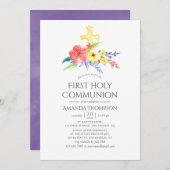 Kleurrijke Waterverf Floral First Holy Communion Kaart (Voorkant / Achterkant)