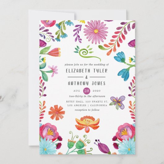 Kleurrijke Waterverf Floral Mexican Fiesta Wedding Kaart (Voorkant)