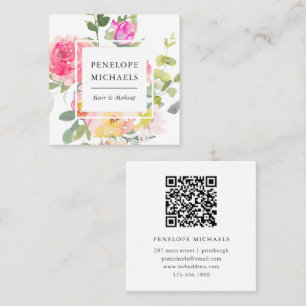Kleurrijke Waterverf Floral QR Code Wit Vierkante Visitekaartje