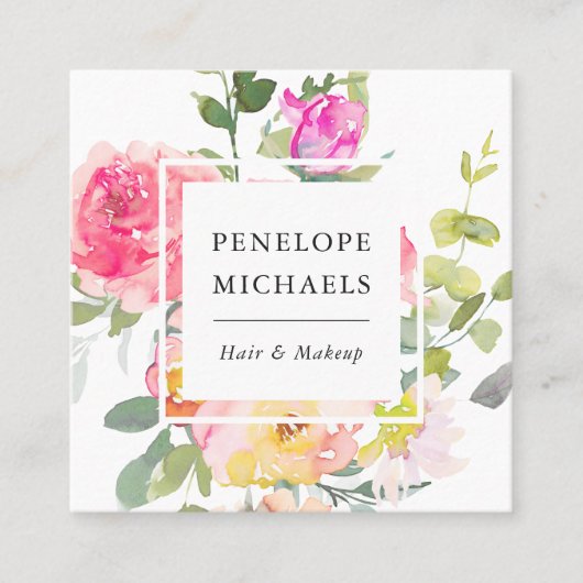 Kleurrijke Waterverf Floral QR Code Wit Vierkante Visitekaartje (Voorkant)