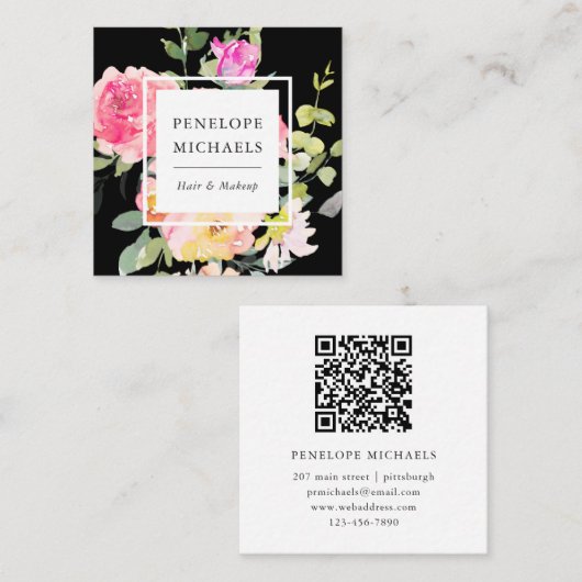 Kleurrijke Waterverf Floral QR Code Zwart Vierkante Visitekaartje (Voorkant / Achterkant)
