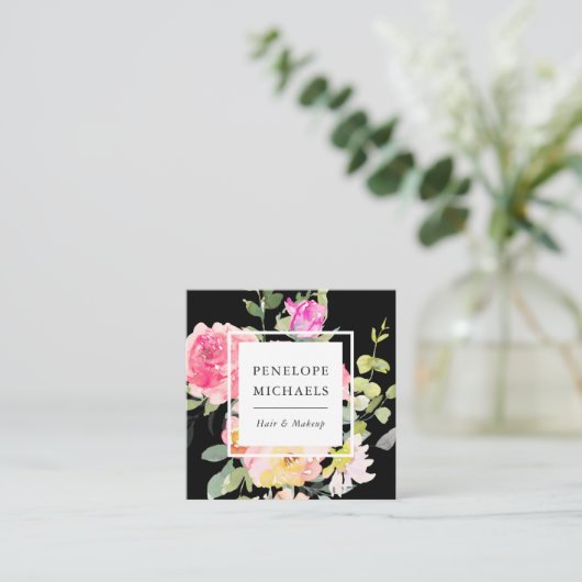 Kleurrijke Waterverf Floral QR Code Zwart Vierkante Visitekaartje (Staand voorkant)