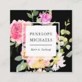 Kleurrijke Waterverf Floral QR Code Zwart Vierkante Visitekaartje (Voorkant)