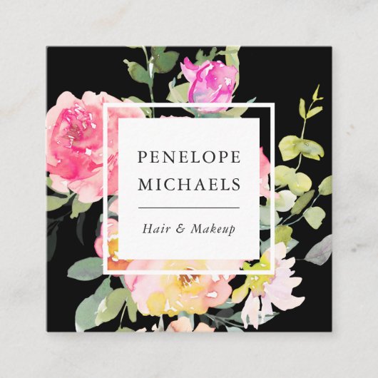 Kleurrijke Waterverf Floral QR Code Zwart Vierkante Visitekaartje (Voorkant)