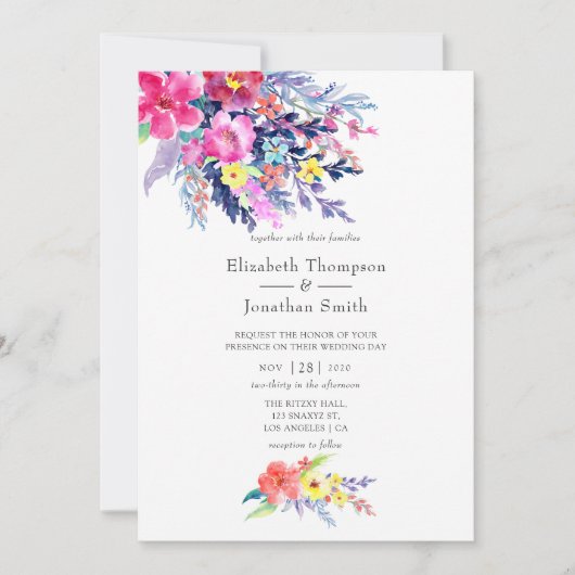 Kleurrijke Waterverf Floral Spring - Summer Weddin Kaart (Voorkant)