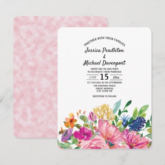 Kleurrijke Waterverf Floral Square Wedding Invite Kaart (Voorkant / Achterkant)
