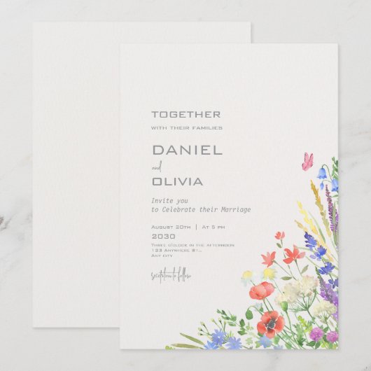 Kleurrijke Waterverf Floral Wedding Kaart (Voorkant / Achterkant)