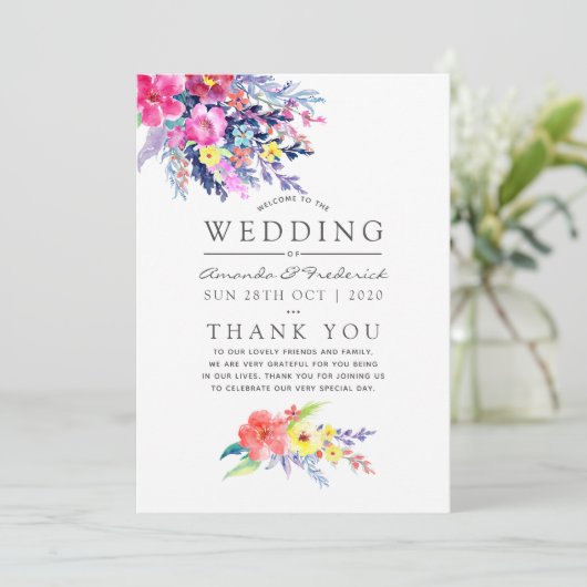 Kleurrijke Waterverf Floral Wedding Programmakaart (Staand voorkant)