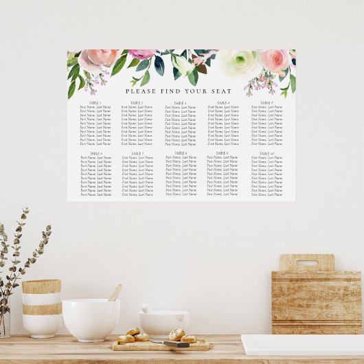 Kleurrijke Waterverf Floral Wedding Seating Chart Poster (Keuken)