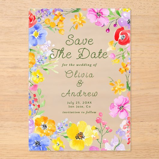 Kleurrijke Waterverf Flowers Weddenschap Save the  Acryl Uitnodigingen (Voorkant)