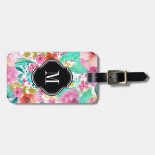 Kleurrijke Waterverf Flowers Zwart Accent Monogram Bagagelabel (Voorkant horizontaal)