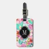 Kleurrijke Waterverf Flowers Zwart Accent Monogram Bagagelabel (Voorkant verticaal)