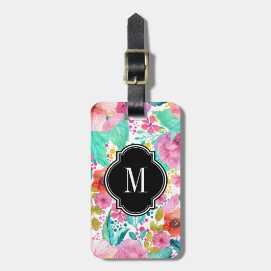 Kleurrijke Waterverf Flowers Zwart Accent Monogram Bagagelabel (Voorkant verticaal)