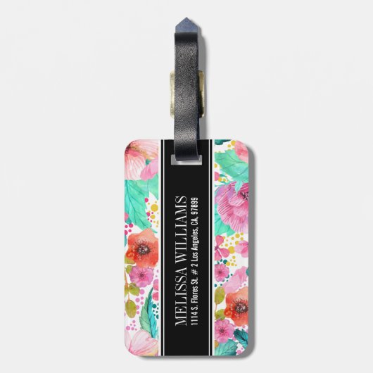Kleurrijke Waterverf Flowers Zwart Accent Monogram Bagagelabel (Achterkant verticaal)