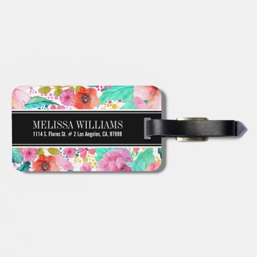 Kleurrijke Waterverf Flowers Zwart Accent Monogram Bagagelabel (Achterkant horizontaal)