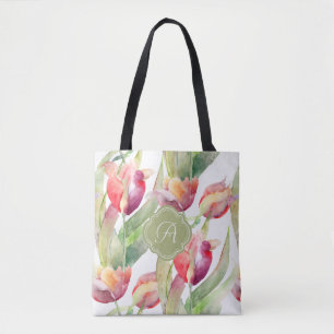 Kleurrijke Waterverf Gekleurde Tulpen met monogram Tote Bag