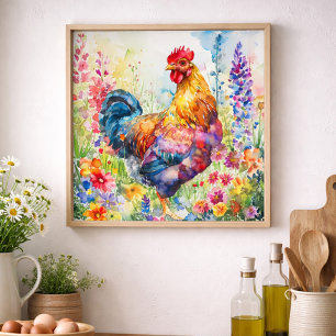 Kleurrijke Waterverf Haan Boerderij Bloemstuk Perfect Poster