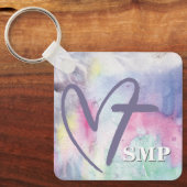 Kleurrijke Waterverf hart kruis monogram Sleutelhanger (Voorkant)