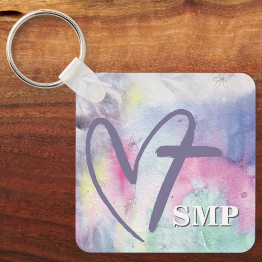 Kleurrijke Waterverf hart kruis monogram Sleutelhanger (Voorkant)