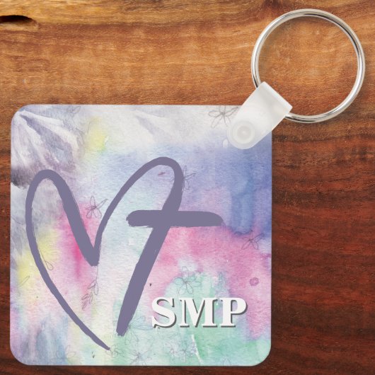 Kleurrijke Waterverf hart kruis monogram Sleutelhanger (Achterkant)