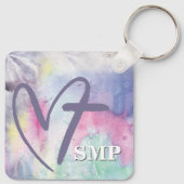 Kleurrijke Waterverf hart kruis monogram Sleutelhanger (Achterkant)