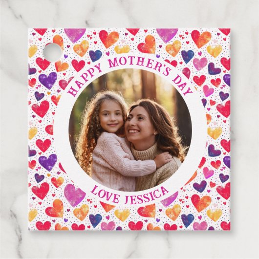 Kleurrijke Waterverf Hearts Moederdag Foto Bedankjes Labels (Voorkant)