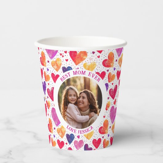 Kleurrijke Waterverf Hearts Moederdag Foto Papieren Bekers (Voorkant)