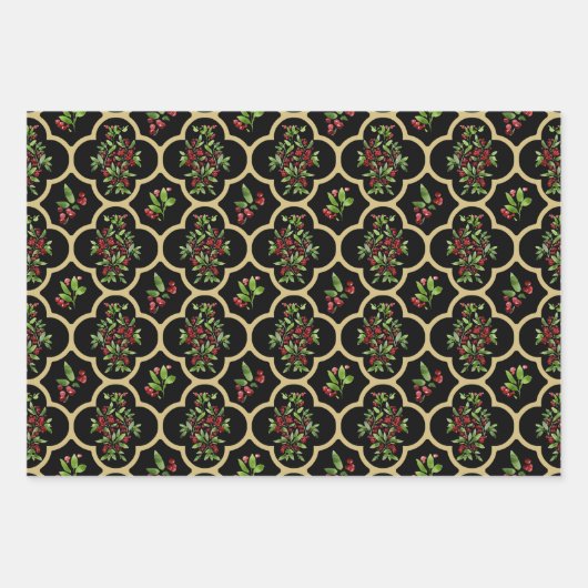 Kleurrijke Waterverf Holly en Quatrefoil Inpakpapier Vel (Voorkant)