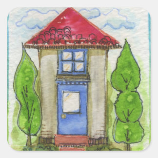 Kleurrijke Waterverf Huis Schilderen Vierkante Sticker