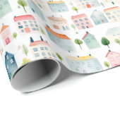 Kleurrijke Waterverf huizen Cadeaupapier (Rol Hoek)