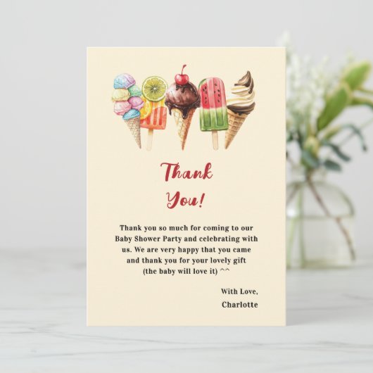 Kleurrijke Waterverf Ice Cream Sweet Baby shower Bedankkaart (Staand voorkant)