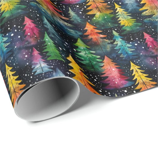 Kleurrijke waterverf kerstbomen cadeaupapier (Rol Hoek)