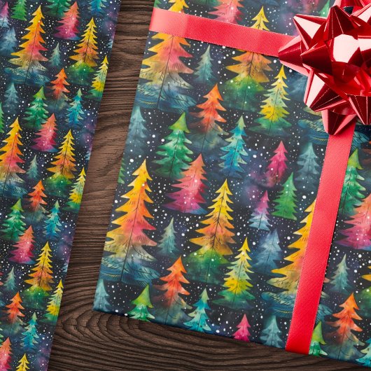 Kleurrijke waterverf kerstbomen cadeaupapier