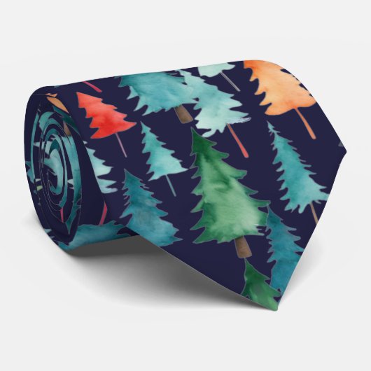 Kleurrijke Waterverf kerstbomen gepersonaliseerd Stropdas (Opgerold)