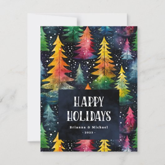 Kleurrijke waterverf kerstbomen Prettige Feestdage Feestdagenkaart (Voorkant)