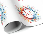 Kleurrijke Waterverf Kerstkrans Monogram Cadeaupapier (Rol Hoek)