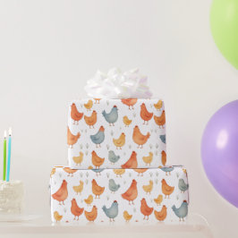 Kleurrijke Waterverf Kippen Boerderijhuis Whimsy Cadeaupapier