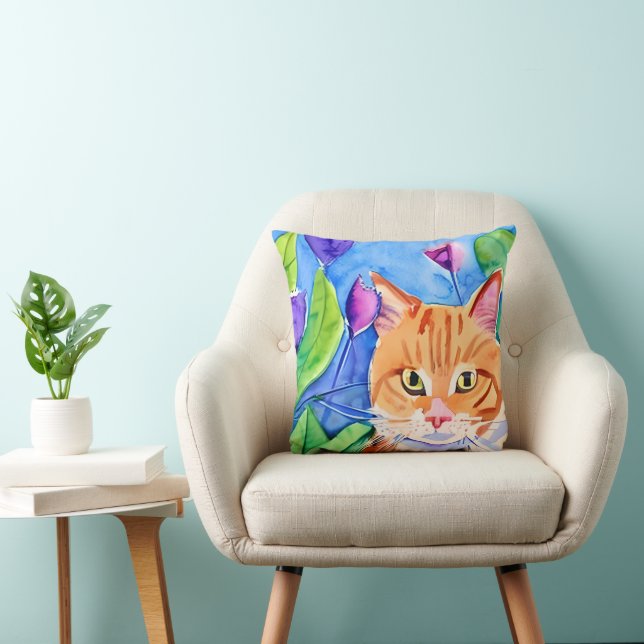 Kleurrijke Waterverf Kunst | Oranje kat en bloemen Kussen (Stoel)