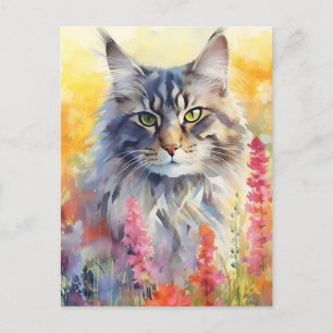 Kleurrijke waterverf kunst van een Maine Coon kat Briefkaart