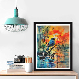 Kleurrijke Waterverf Landscape Lake and Bird Foto Afdruk