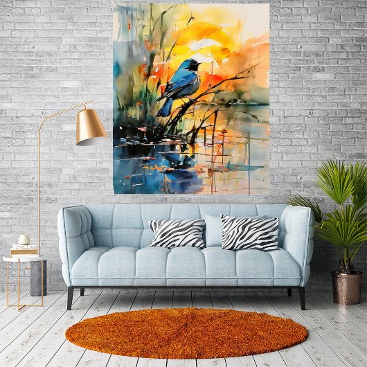 Kleurrijke Waterverf Landscape Lake and Bird Poster